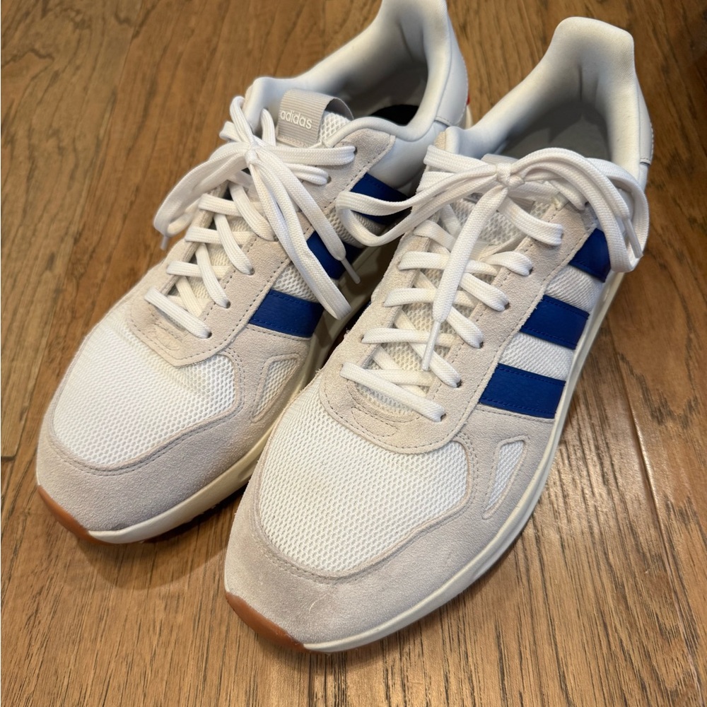 Adidas Men's White and Blue Striped Sneakers